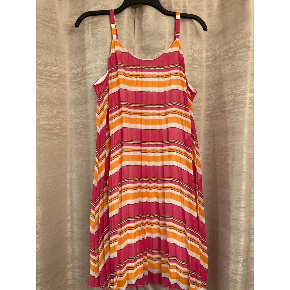 Charming Charlie Striped Dress Sleeveless Pleated Casual Summer Pink‎ Orange L